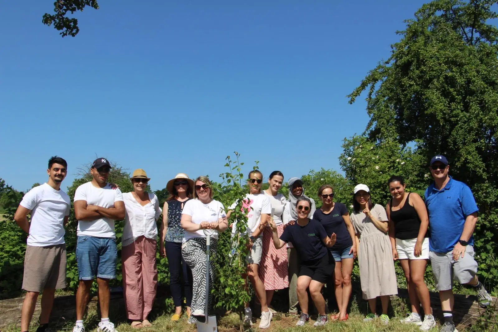 TIMS staff group posing outdoors after planting a tree together